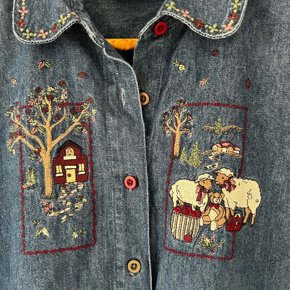 Vintage Embroidered Denim Shirt with Scenic Design
